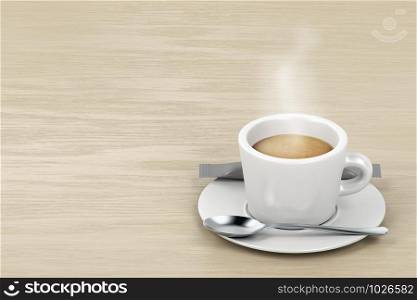 Hot espresso on the wooden table