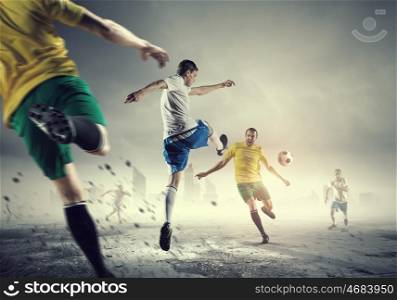 Hot football moments. Football determined players outdoors fighting for ball