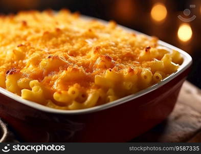 Hot fresh creamy mac and cheese on table.AI Generative