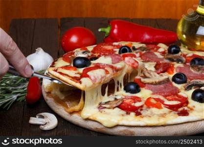 hot fresh pizza with melting cheese on lifter