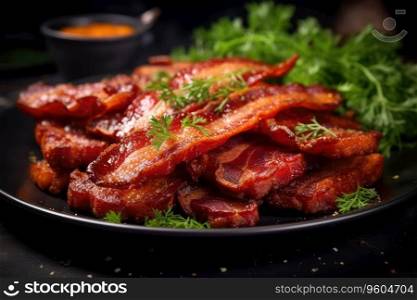 Hot fried crunchy bacon slices in plate with herbs.. Hot fried crunchy bacon slices in plate with herbs