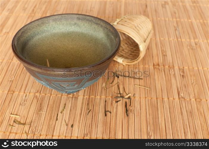 Hot Green Japanese Tea and Strainer on Table