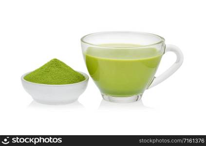 Hot green tea matcha latte with powdered green tea isolated on white background.