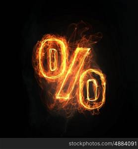 Hot interest rate. Percent light glowing symbol on dark background