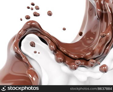 Hot melted chocolate and milk shake, sauce or syrup with drops,splatters, pouring chocolate wave or flow splash, cocoa drink or milkshake, swirl dessert background, choco splash, drink dessert, isolated, 3d rendering