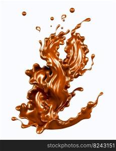 Hot melted milk chocolate sauce or syrup, pouring chocolate wave or flow splash, cocoa drink or cream, abstract dessert background, choco splash, drink dessert, isolated over white, 3d rendering