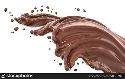Hot melted milk chocolate sauce or syrup, pouring chocolate wave or flow splash, cocoa drink or cream, abstract dessert background, choco splash, drink dessert, isolated, 3d rendering