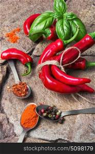 Hot Mexican spice red pepper. Chili, red pepper Mexican spice on a stone background