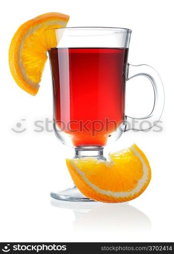 Hot mulled wine isolated on white with reflection