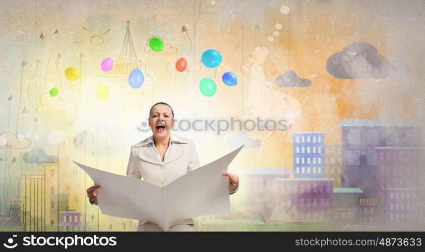 Hot news. Portrait of young businesswoman in white suit reading blank newspaper