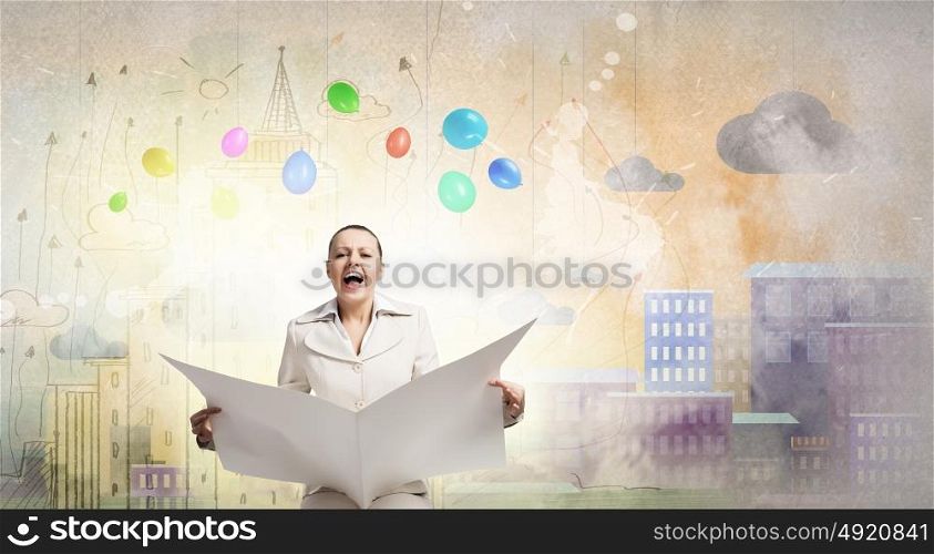 Hot news. Portrait of young businesswoman in white suit reading blank newspaper