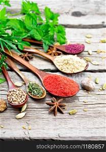 Hot pepper, ginger, coriander, dried thyme and sumac in spoons, nutmeg, cardamom, star anise and fenugreek, rosemary, parsley, thyme, mint and savory on gray wooden board background