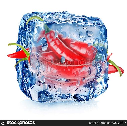 Hot pepper in ice cube with drops isolated on white