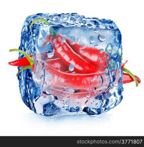 Hot pepper in ice cube with drops isolated on white