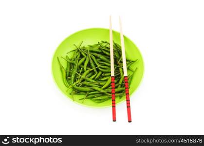 Hot peppers with chopsticks and plate