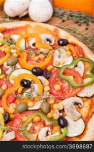 hot pizza with garnish and ingredients