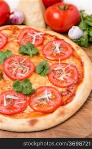 hot pizza with garnish and ingredients