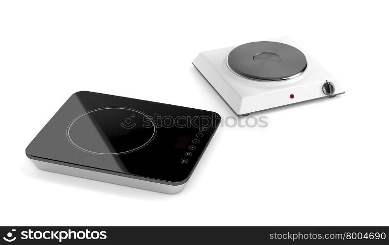 Hot plate and induction cooktop on white background
