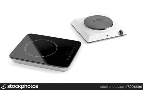 Hot plate and induction cooktop on white background