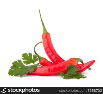 Hot red chili or chilli pepper and parsley leaves still life isolated on white background cutout