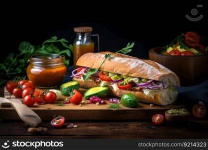 hot sandwich on wooden board with condiments and vegetables, created with generative ai. hot sandwich on wooden board with condiments and vegetables