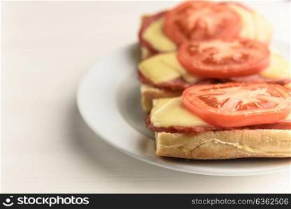 hot sandwiches with melted cheese sausage, salami and tomatoes