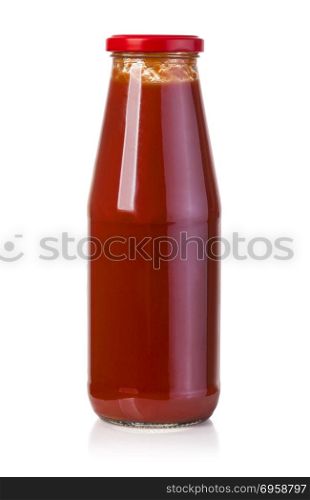 hot sauce in glass bottle with red cap isolated on white background. With clipping path. hot sauce in glass bottle