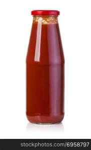 hot sauce in glass bottle with red cap isolated on white background. With clipping path. hot sauce in glass bottle