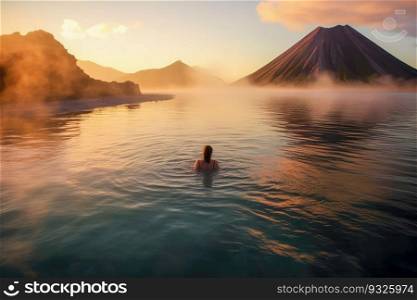 Hot spring nestled amidst the beauty of a volcano. The warm, soothing waters and stunning surroundings. Generative AI. Hot spring near a volcano