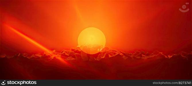 Hot sunset with a red sun on the background. Generative AI