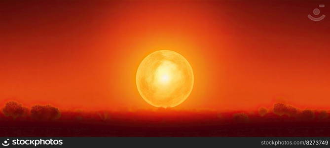 Hot sunset with a red sun on the background. Generative AI