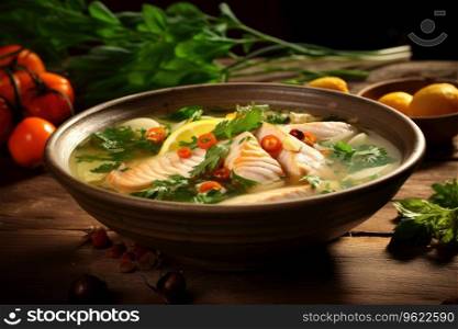 Hot tasty healthy soup with fish and vegetables.. Hot tasty healthy soup with fish and vegetables
