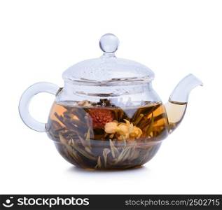 Hot tea in glass teapot isolated on white background