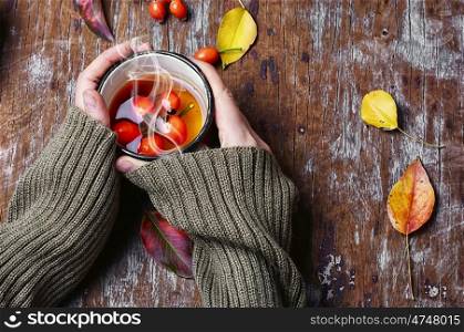 hot tea with berries rose hips. medicinal tea from the berries of the autumn rose in the hands