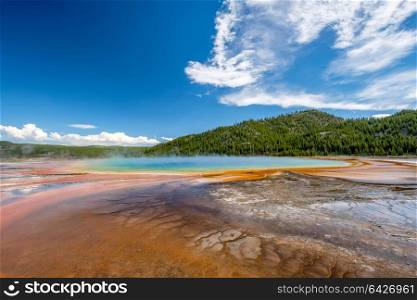 Hot thermal spring Grand Prismatic Spring in Yellowstone National Park, Old Faithful area, Wyoming, USA