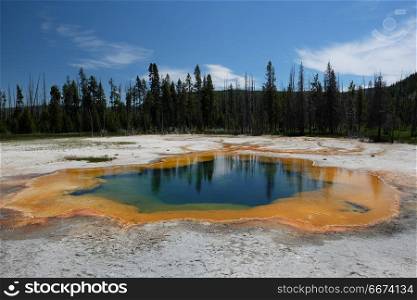 Hot thermal spring in Yellowstone . Hot thermal spring Emerald Pool in Yellowstone National Park, Black Sand Basin area, Wyoming, USA