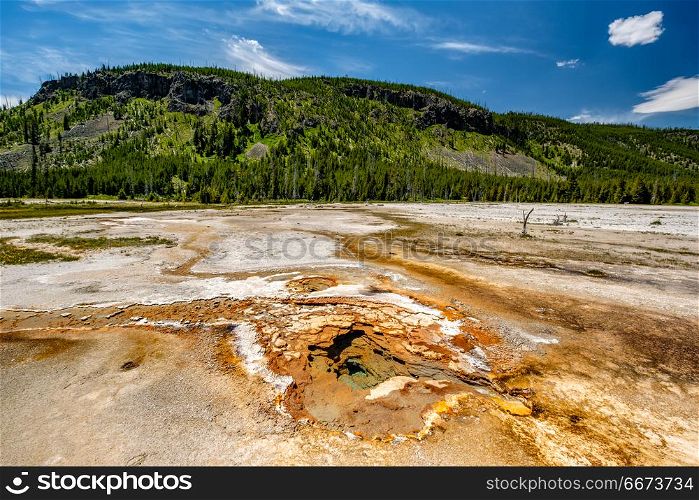 Hot thermal spring in Yellowstone . Hot thermal spring in Yellowstone National Park, Black Sand Basin area, Wyoming, USA