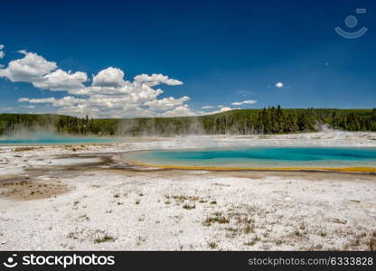 Hot thermal spring Rainbow Pool in Yellowstone National Park, Black Sand Basin area, Wyoming, USA