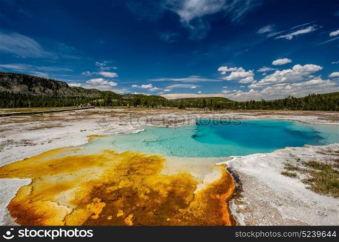 Hot thermal spring Sapphire Pool in Yellowstone National Park, Biscuit Basin area, Wyoming, USA