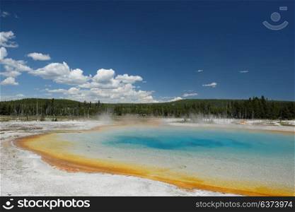 Hot thermal spring Sunset Lake in Yellowstone National Park, Black Sand Basin area, Wyoming, USA