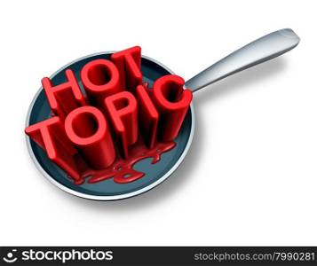 Hot topic and breaking news symbol as the word for current social newsflash events in a frying pan as a press headline icon for media communication of things of human interest.