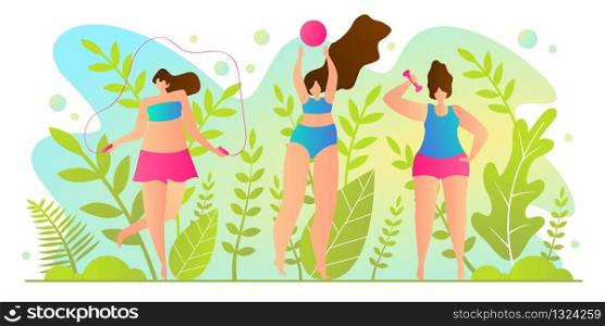 Hot Vacation Time for Girls Vector Illustration. Bright Flyer at Health Resort. Interesting Holiday with Children Sports Camp. Girl Pulls on Rope and Engaged with Dumbbells Vector Illustration.