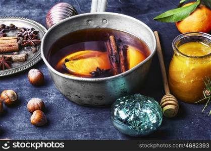 Hot wine with orange and spices