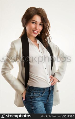 Hot woman with hands on hips on white background