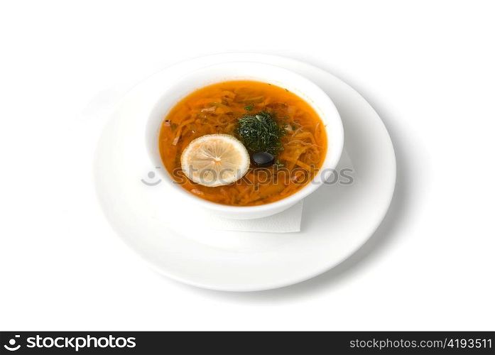 hotchpotch soup dish closeup isolated on white background