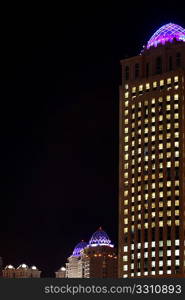 Hotel and accommodation towers in the West Bay area of Doha, Qatar, with copyspace