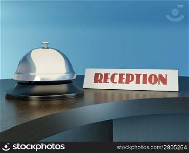 Hotel bell on the table. Reception. 3d
