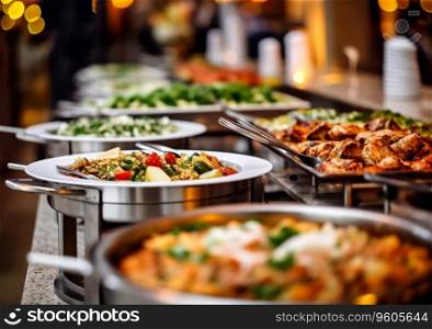 Hotel breakfast,lunch and dinner buffet with various hot and cold appetizers and snacks prepared by catering for various events.AI Generative