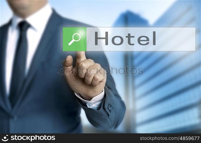 hotel browser is operated by businessman. hotel browser is operated by businessman.