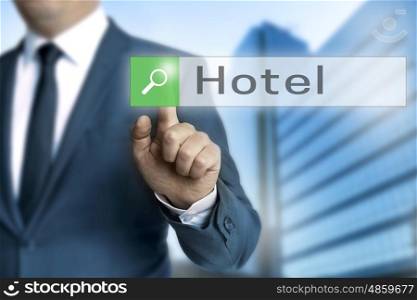 hotel browser is operated by businessman. hotel browser is operated by businessman.